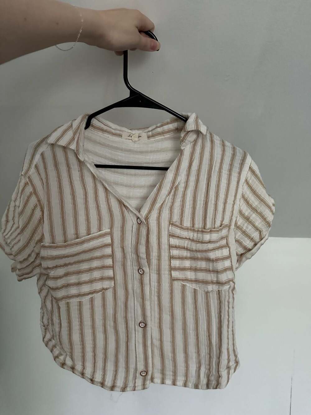 Love Notes Tan and White Striped Gauze Button-Down Crop Shirt